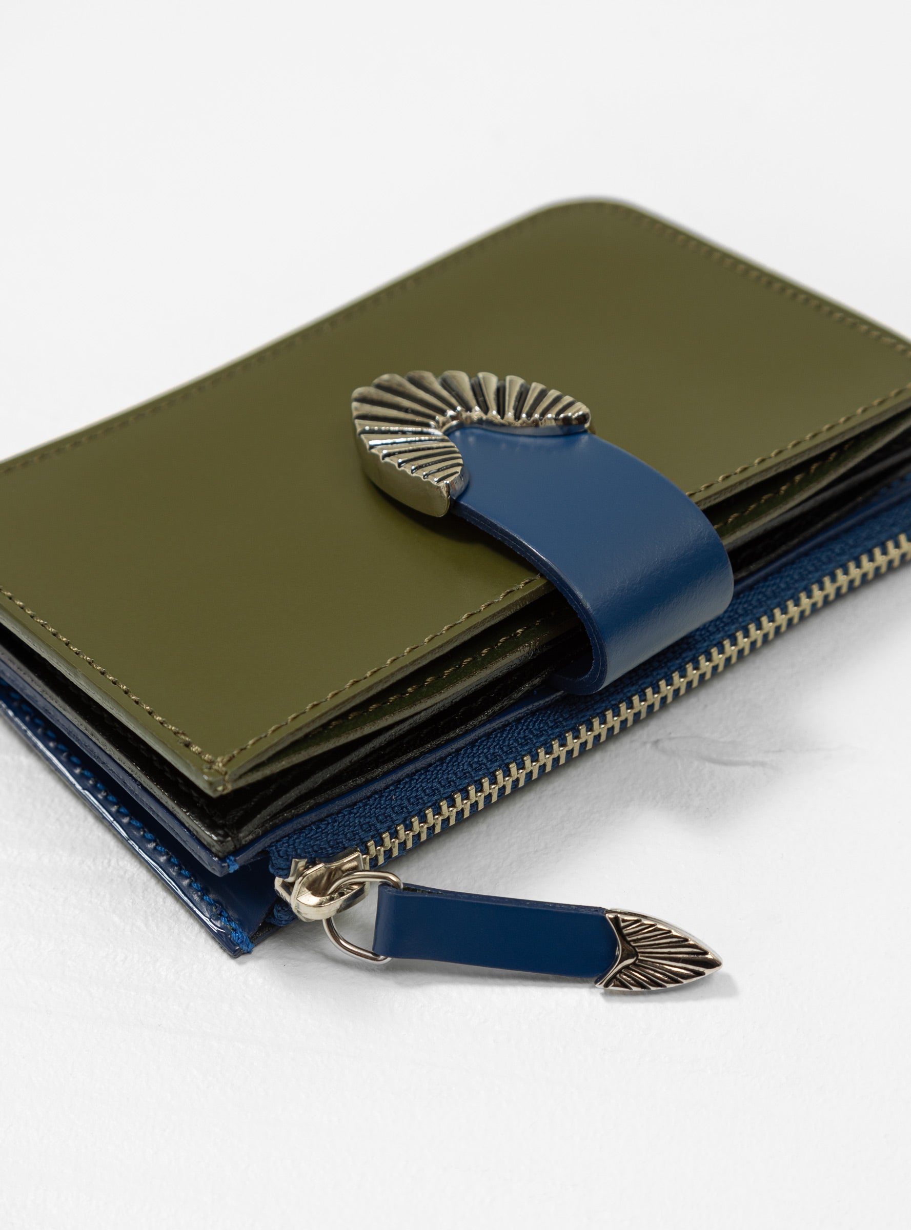 Small Leather Wallet Khaki & Blue