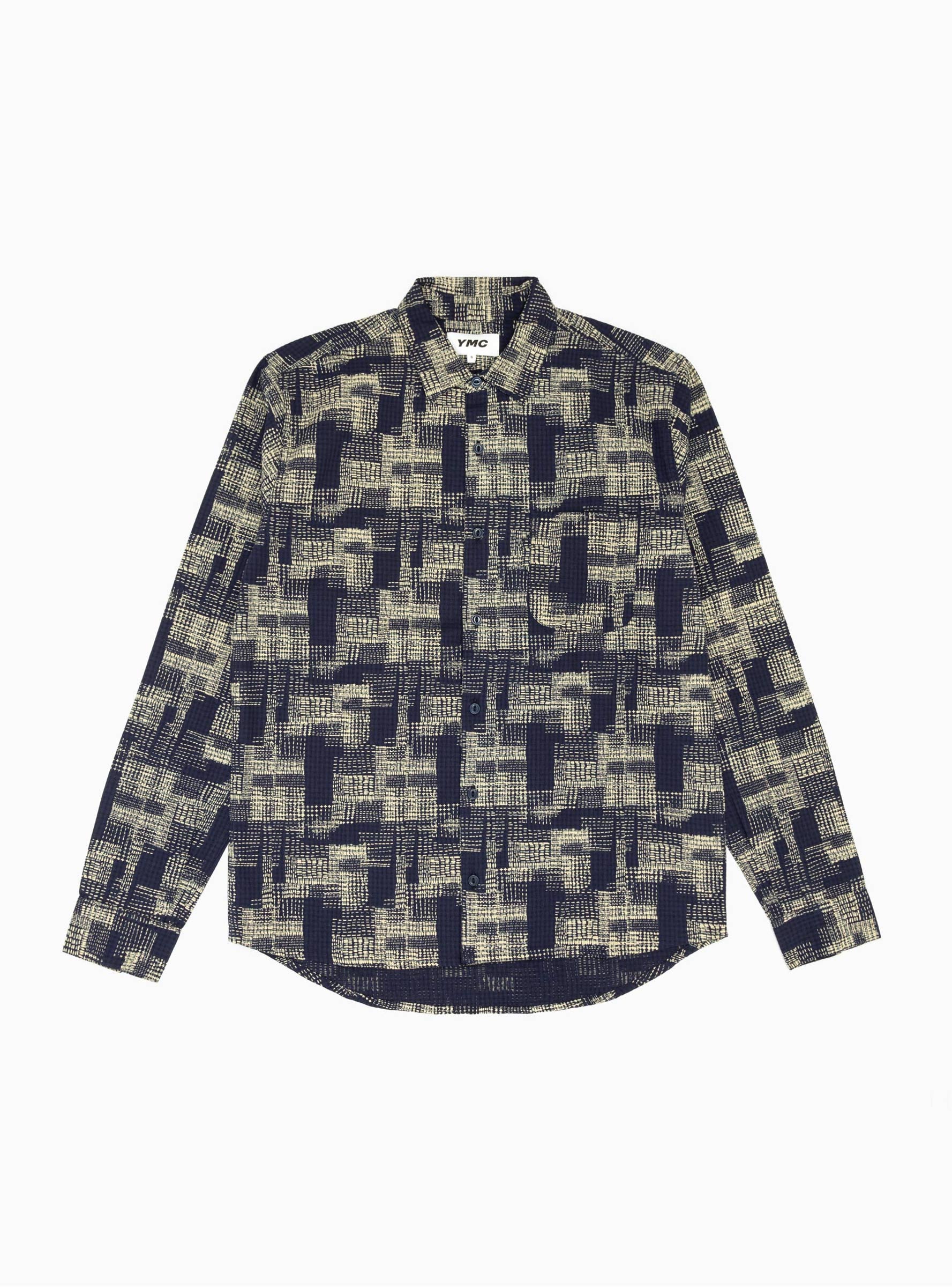 YMC - Block-Print Cotton Seersucker Overshirt - Mens - Navy Multi