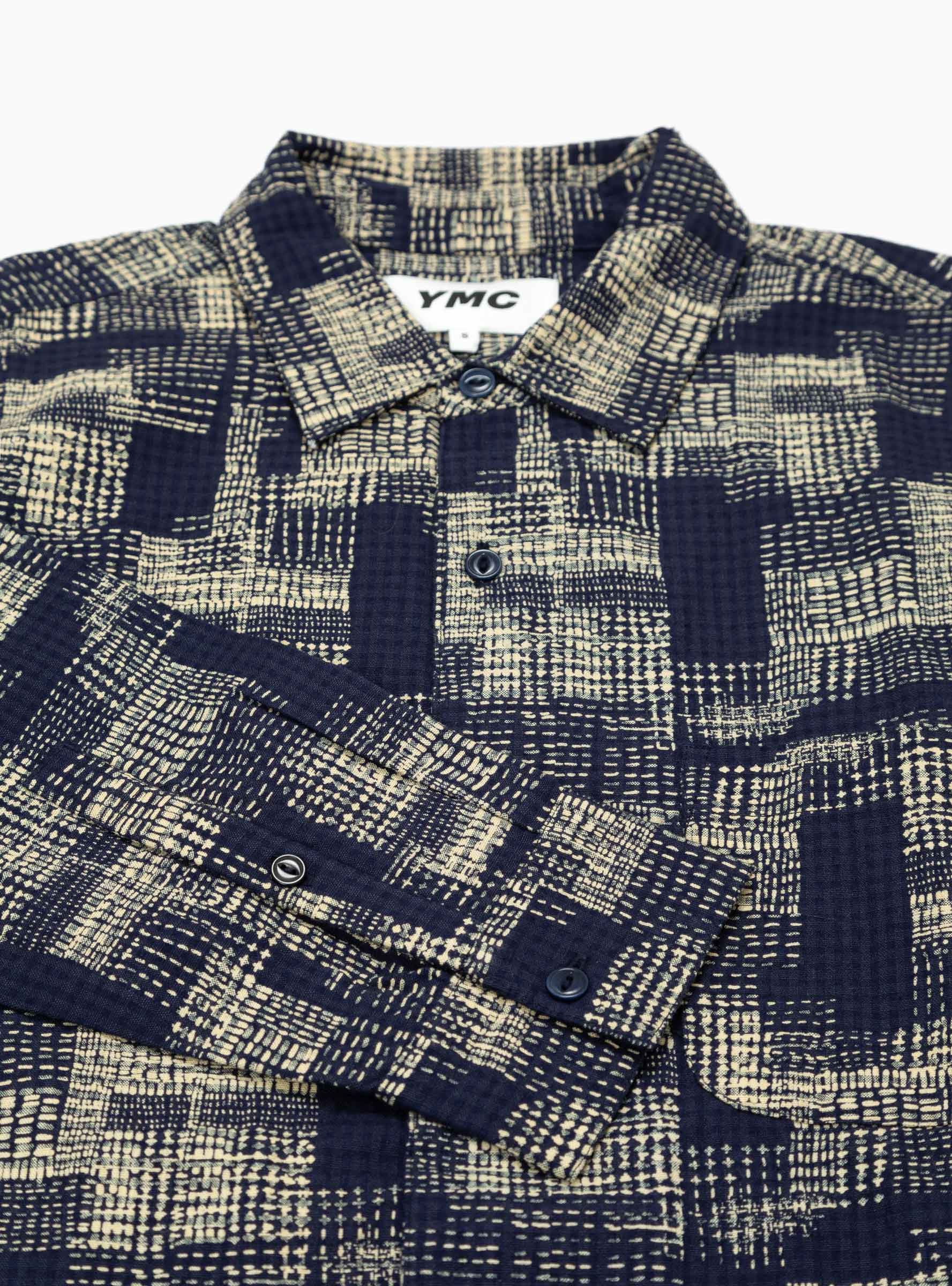 YMC Block-print Cotton Seersucker Overshirt in Blue for Men