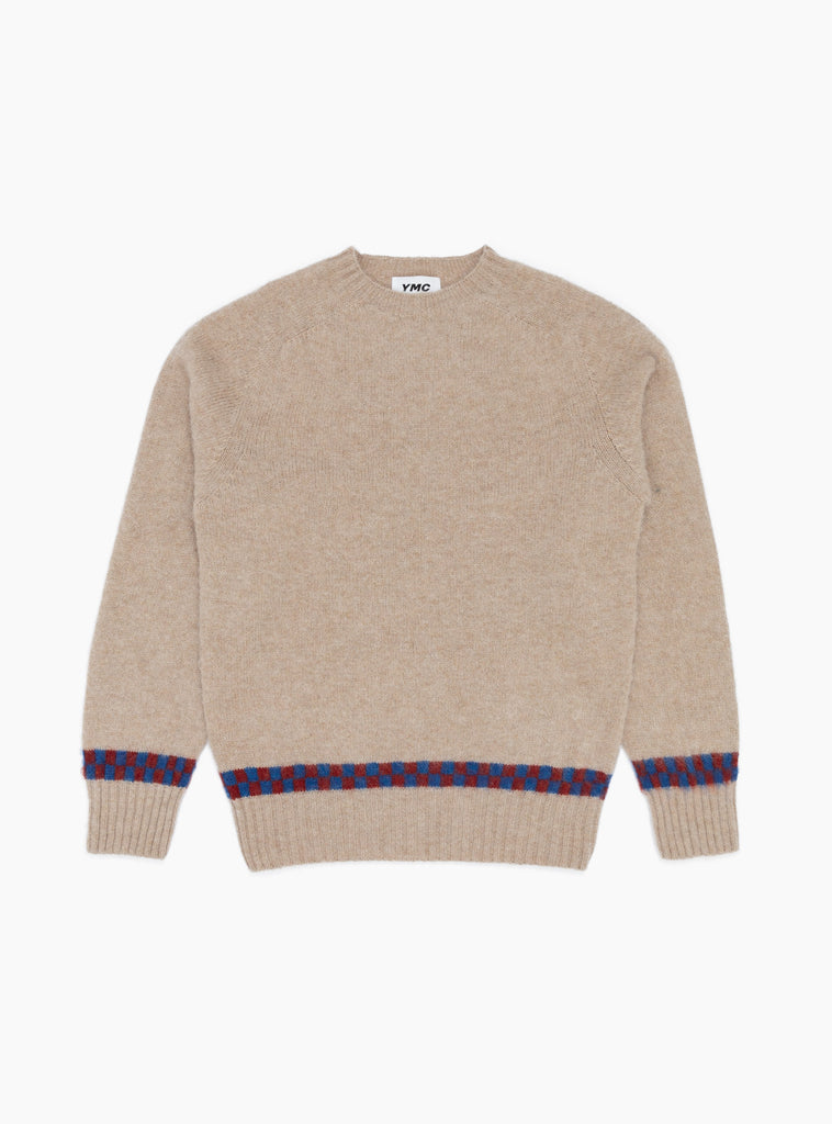 Suedehead Checker Crew Knit Ecru by YMC at Couverture and The Garbstore front