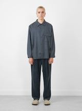 Flat Bottom Wool Shirt Blue Charcoal by Still By Hand at Couverture and The Garbstore on model 