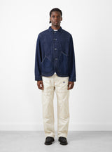 11.5oz x 8oz RINGOMAN Coverall Indigo by Kapital at Couverture and The Garbstore on model