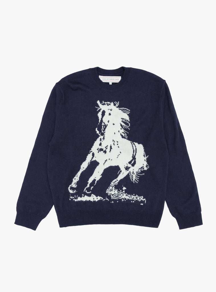 Running Horse Knit Sweater Navy by One of These Days at Couverture and The Garbstore