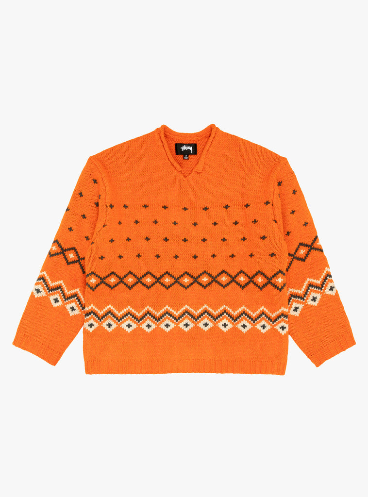 Roll V Neck Fairisle Sweater Orange by Stussy at Couverture and The Garbstore