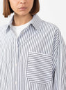 Aldea Oversized Button Down Cream and Black Stripe by Apiece Apart at Couverture and The Garbstore close up 