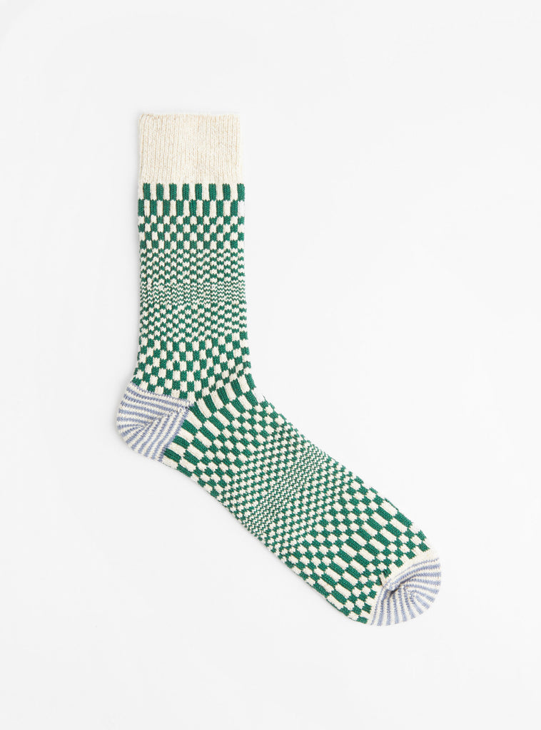 Warped Checker Socks Green by ROTOTO at Couverture & The Garbstore 
Front View