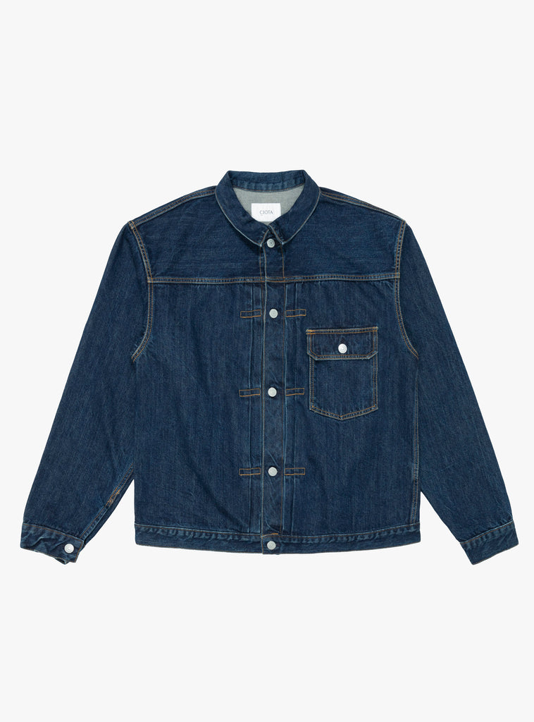 Single Pocket Denim Jacket Dark Blue Damage by CIOTA at Couverture & The Garbstore
Front