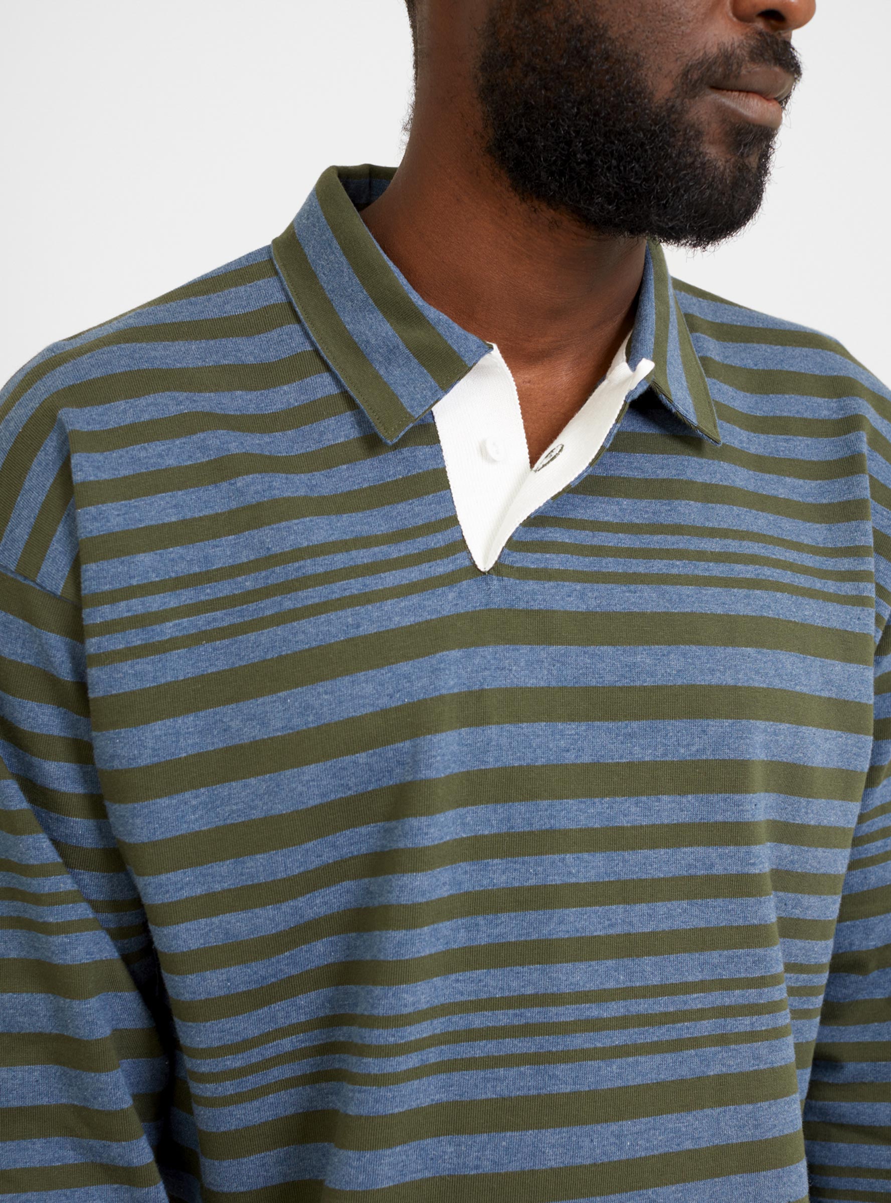 Stripe Rugby Shirt Olive & Navy by Drop Out Sports | Couverture